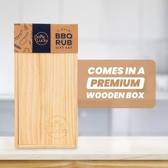 NEW BBQ SPICE Meat Rub  DONE LUCKY * Gift Set  * in Premium Wooden Box Set of 6 - Picture 2 of 9